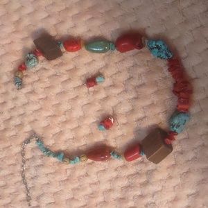 Vintage turquoise, coral,wood necklace and earring set